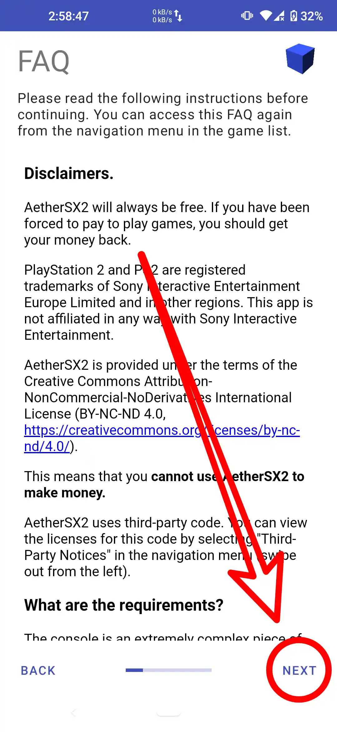Step 2 of installing the AetherSX2 emulator on Android