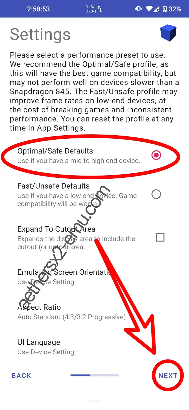 Step 3 AetherSX2 home page performance settings